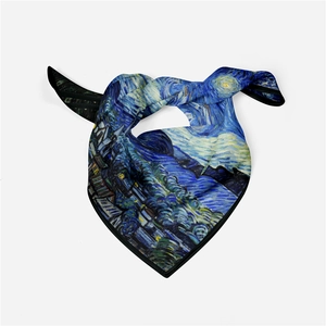 Close-up of silk scarf featuring Van Gogh's Starry Night with fine rolled edges