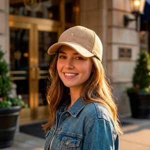 Chic corduroy herringbone baseball cap with gold crown emblem on a stylish model