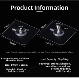 Detailed view of adhesive screw hooks showing 60x60mm base and 6mm screw length specifications
