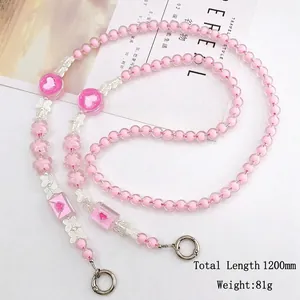 Pink beaded acrylic crossbody phone strap with heart and silver butterfly charms, 120cm