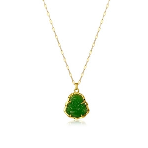 Hip hop titanium steel necklace featuring a green jade Buddha pendant on a gold chain