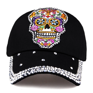 Fashionable black baseball cap with colorful skull embroidery and silver rhinestones