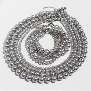 Round Silver Grey Imitation Artificial Pearl Brass Necklace Bracelet With 925 Sterling Silver Earring Post Elegant Jewelry For Women