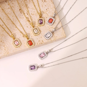 Square zircon pendant necklaces in gold and silver finish with colorful gemstones
