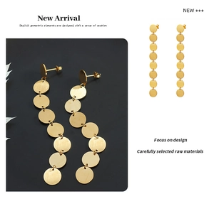 Close-up of golden titanium steel drop earrings with matte and polished disc texture