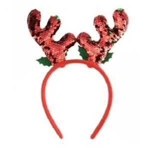 Detailed view of festive Christmas headband with red sequins reindeer antlers decoration