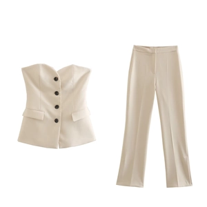 Beige two-piece women's set featuring a strapless buttoned top and straight-leg trousers
