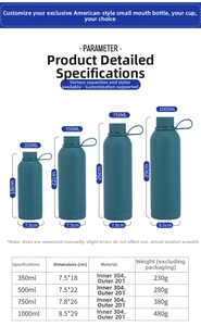Size chart for 350ml to 1000ml stainless steel insulated bottles with dimensions