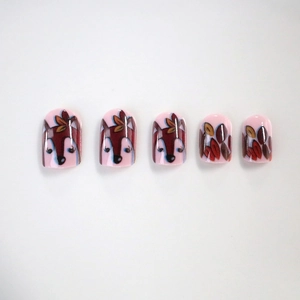 Short square press-on nails with cute autumn fox and colorful maple leaf patterns