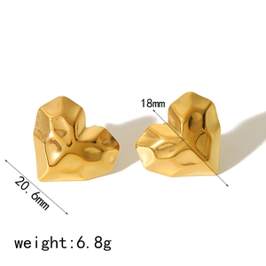 Irregular lava heart earrings in gold stainless steel with textured finish measurements