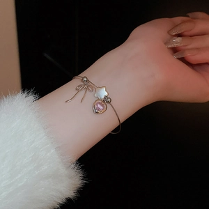 Silver bow heart and star charm bracelet with pink zircon stone for women