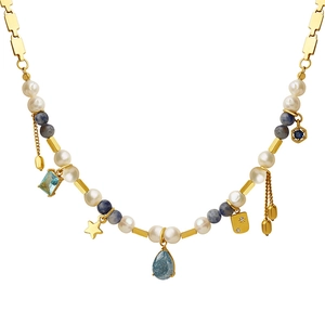 French vintage titanium steel necklace with natural stones, pearls and blue pendants