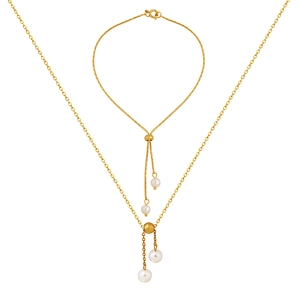 Elegant gold pearl necklace and bracelet set with adjustable sliding clasp for women