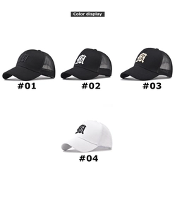 Four colors of cotton mesh trucker caps with gothic letter embroidery in a grid view