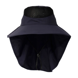 Detail of navy sun hat featuring breathable mesh top and protective neck flap cover