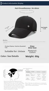 Size chart showing 9cm long brim baseball cap dimensions and head circumference guide