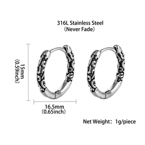 Retro 316L stainless steel hoop earrings with relief patterns for men and women