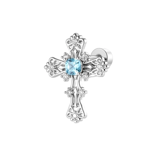 Vintage silver cross cartilage stud earring with center blue gem and halo stones