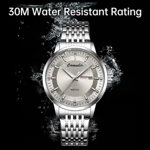 Automatic men's mechanical style watch with silver steel strap and 30M waterproof feature