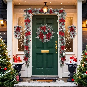 Christmas Decoration Wreath Garland Teardrop Swag Frosted Pine Red Poinsettia Ornaments For Door Home Wall Holiday Decor