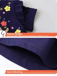 Navy blue girls short sleeve dress with floral embroidery and ruffle cuffs
