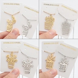 Stainless Steel Cactus Potted Plant Pendant Necklace Hollow Out Minimalist Plant Jewelry For Women