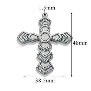 Detailed view of silver cross pendant showing dimensions 48mm height and 38.5mm width
