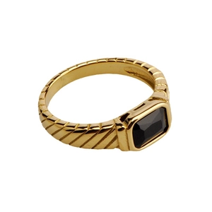 Elegant gold titanium steel ring with black rectangular zircon and textured band