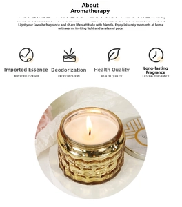 Detailed view of scented candle in golden ripple glass jar with elegant metallic lid