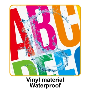 Close-up of waterproof vinyl letter stickers showing splash resistance and vibrant colors