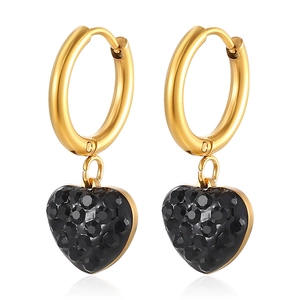 Golden hoop earrings with black heart charms and sparkling rhinestones for women