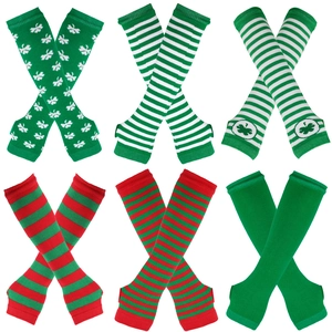 Detail showing a 2x3 grid of striped and shamrock pattern fingerless knit arm warmers
