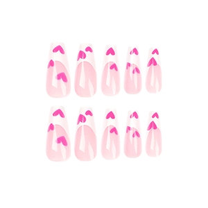 Long coffin press-on nails with sweet pink gradient and magenta heart patterns