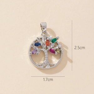 Detail of tree of life pendant with colorful gemstones and size measurements