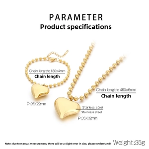 Detailed size specifications for gold stainless steel heart necklace and bracelet set