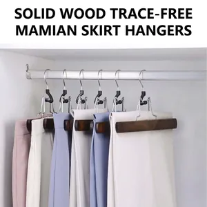 Solid Wood Skirt Hanger With Metal Clips Anti Slip Velvet Lining Non Marking For Pants Wardrobe Organization