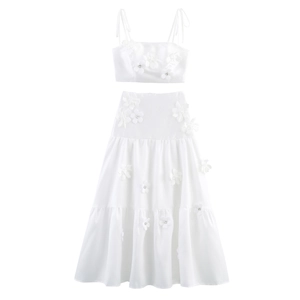Women White Camisole Crop Top And High Waist Maxi Skirt With 3D Flower Rhinestone Elegant Sweet Style