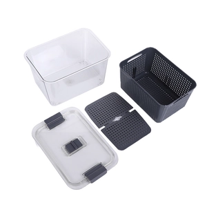 Japanese style fridge storage box set with drain basket and gray airtight lid