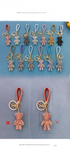 Macro shot showing dimensions of rhinestone bear keychain with crystal details