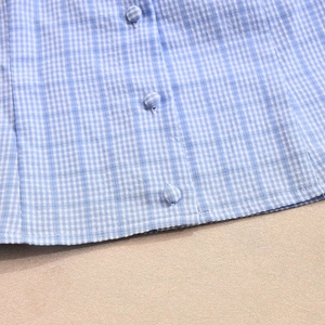 Detailed macro view of blue and white plaid fabric texture with matching fabric buttons
