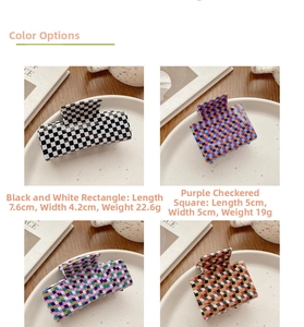 Size comparison and dimensions for checkerboard pattern hair claw clips in acetate