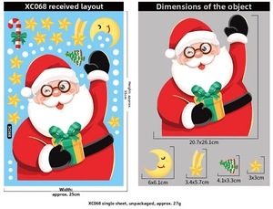 Detailed size chart for Christmas window stickers featuring Santa Claus and tree patterns