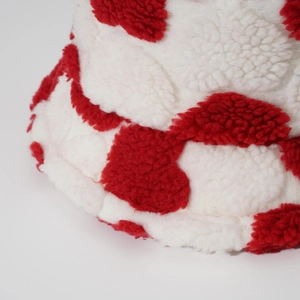 Winter faux lamb wool bucket hat with red heart pattern and warm plush texture