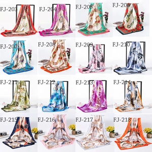 Collage of 90cm satin square scarves showing 16 assorted elegant vintage patterns