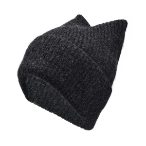 Close-up of thick knitted winter hat showing cat ear shape and dark grey wool texture