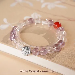 Natural Amethyst Clear Quartz Agate Beaded Bracelet With Metal Fu Character Charm Vintage Oriental Style Lucky Crystal Jewelry For Women Fashion Gift