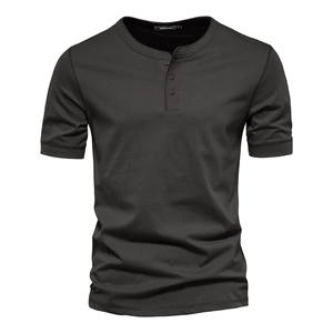 Detailed close-up of dark grey Henley t-shirt featuring three buttons and ribbed texture