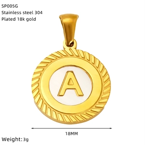 Detailed view of 18mm 18K gold plated stainless steel round pendant with letter A engraving