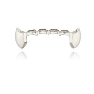Polished silver vampire teeth grillz for upper jaw with sharp fangs on white background