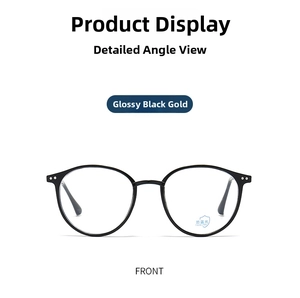 Detailed front view of blue light blocking glasses in glossy black and gold finish
